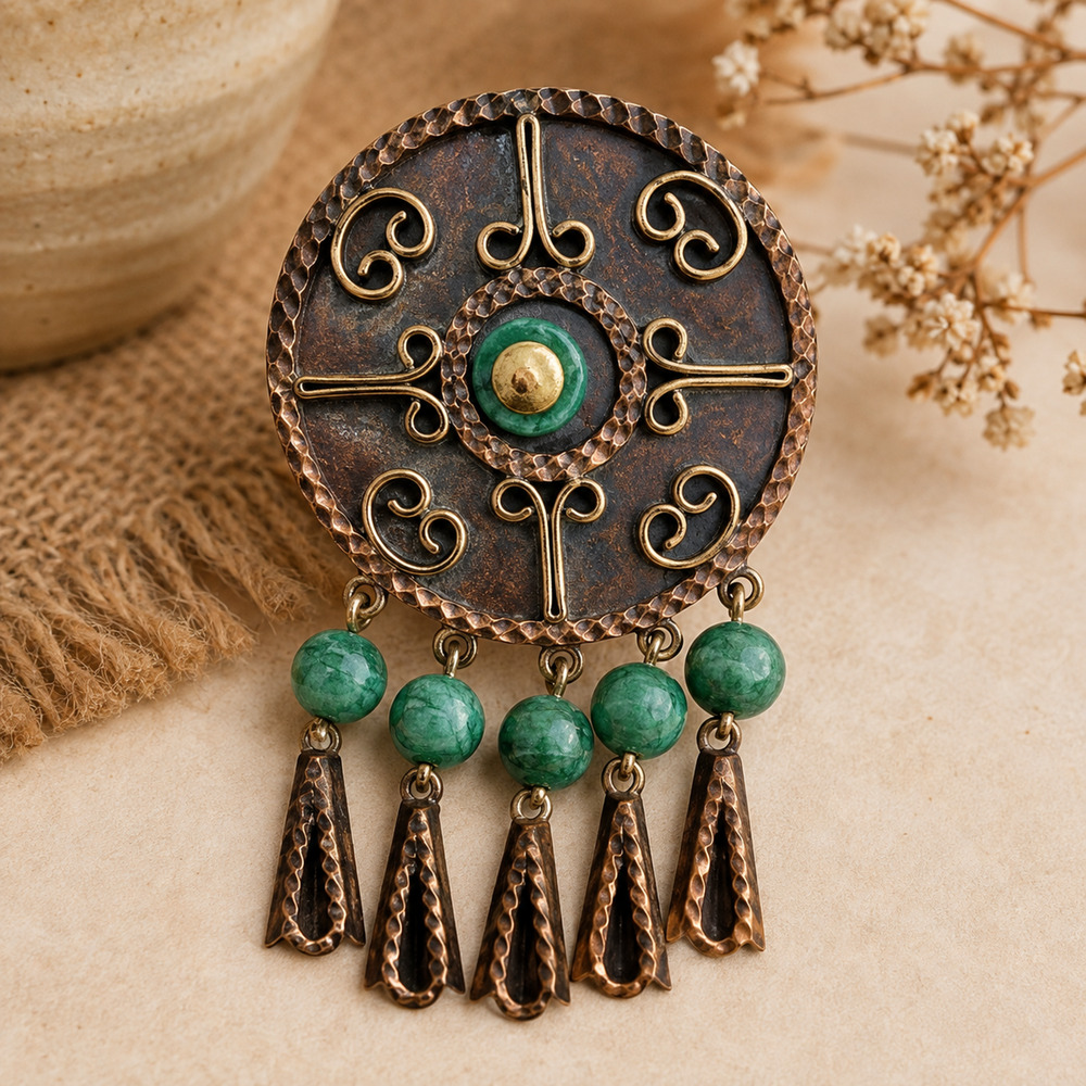 Vintage Casa Maya Mexico Copper Brass Shield Brooch Pendant Mayan Revival MCM
